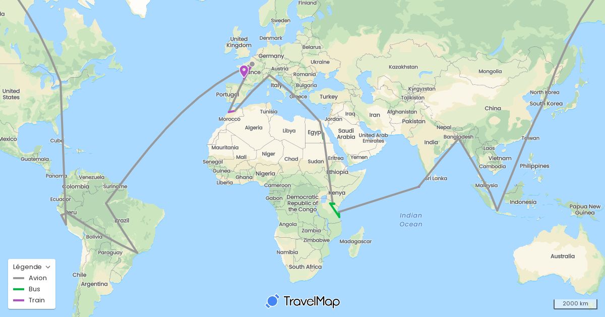 TravelMap itinerary: driving, bus, plane, train in Bangladesh, Brazil, Canada, Egypt, France, Indonesia, Italy, South Korea, Morocco, Maldives, Peru, Singapore, Tanzania (Africa, Asia, Europe, North America, South America)
